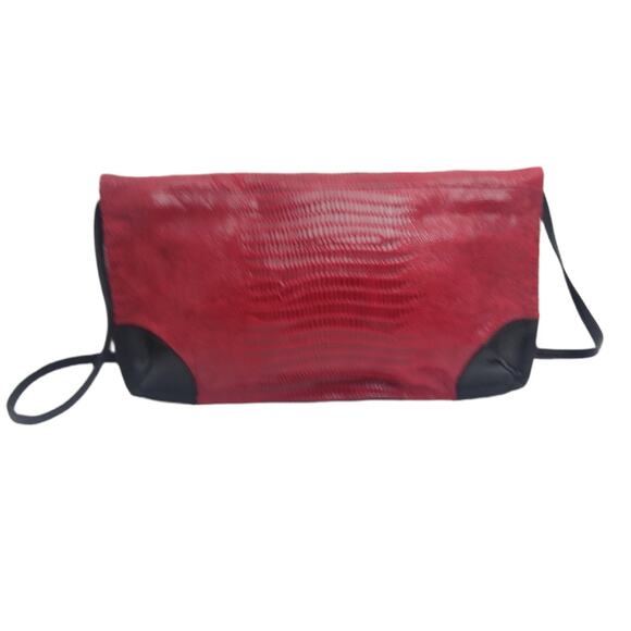 Vtg Due Fratelli Red And Black Leather Shoulder Bag - Picture 5 of 10